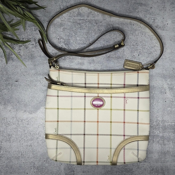Coach | Peyton Tattersall Shoulder Bag Adjustable Strap Cream Pink Green Purple - Picture 1 of 12